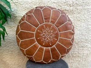 Un-Stuffed Leather Round Pouffe Genuine Footstool Pouffe Brown Boho Style - Picture 1 of 9