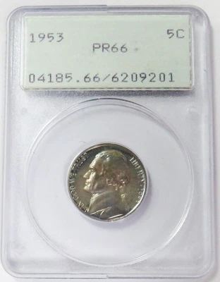 Jefferson Nickel 1953 EE. UU. 5c generación 1 sonajero graduación profesional prueba 66 Foto 1 de 4