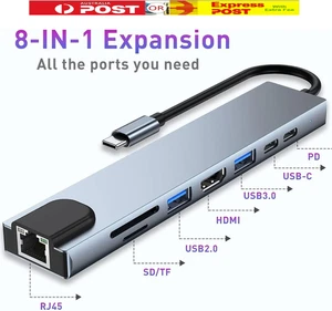 8in1 USB-C 3.1 To Type-C USB 3.0 Hub HDMI RJ45 Ethernet Micro SD TF OTG Adapter - Picture 1 of 4