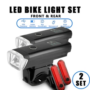 2x LED Bike Light Waterproof Rechargeable USB Cycle Front Back Headlight - Picture 1 of 11