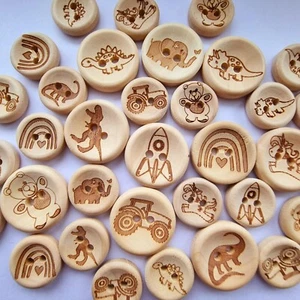 WOODEN CHILDREN'S BUTTONS - 15mm, 20mm, DINOSAUR, ROCKET, UNICORN, BOY, GIRL - Picture 1 of 29