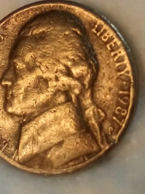 1987 P, JEFFERSON NICKEL STRUCK ON Clad Planchette Letters Distorted Mult. Err! - Image 1 of 4