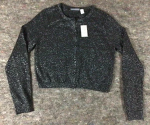 Girls Dark Black Metallic Shimmer Button Up Cardigan Sweater Size 14 - Picture 1 of 10