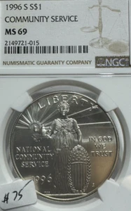 1996 S SILVER COMMUNITY SERVICE COMMEMORATIVE $1 COIN NGC MS 69 015 - Picture 1 of 4