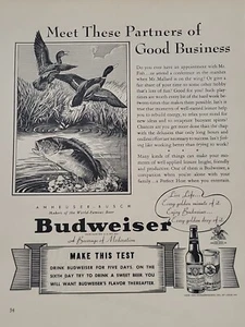 1940 Budweiser Bier Glück 2.WK Druckanzeige Anheuser-Busch Enten Barsch Fisch Sumpf - Bild 1 von 2