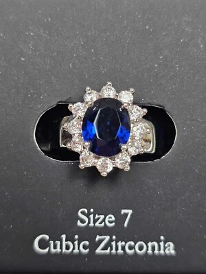 Fine Silver Plate Cubic Zirconia Blue stone Cocktail Ring Size 7 New - Image 1 of 4