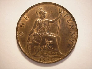 1897 English Penny, Queen Victoria, KM# 790, UK, Die 1a. - Picture 1 of 8
