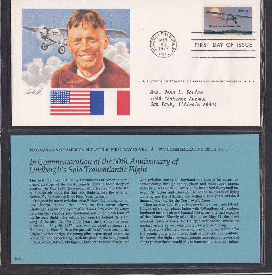 USA 1977 FDC 50th ANNIV LINDGERGH'S SOLO TRANSATLANTIC FLIGHT + CARD + CACHET - Image 1 of 1