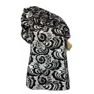 NUEVO CON ETIQUETAS Camisa Arden B Para Mujer Talla L Marfil Negra Paisley Encaje Estampado Volantes Un Hombro - Imagen 1 de 10