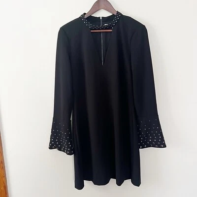 RACHEL Rachel Roy Black Deep V-Neck Embellished Bell Sleeve Dress Size 10 NEW - Image 1 of 4