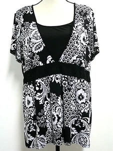Style & Co Womens 1X Blouse Black White Floral Empire Waist Mock 2 Piece - Picture 1 of 4