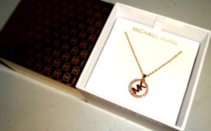Michael Kors MK Logo Yellow Gold Necklace Crystals Pave MKJ7325710 + MK GIFT BOX - Picture 1 of 10