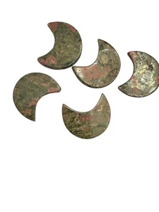 Unakite 38mm Lot Of 5 Crescent Moon Drilled At Top Beads Flat Sides - Picture 1 of 2