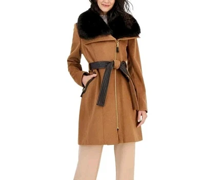 Abrigo chaqueta cinturón ribete piel sintética Via Spiga Kate para mujer talla 12 marrón mezcla de lana Foto 1 de 4