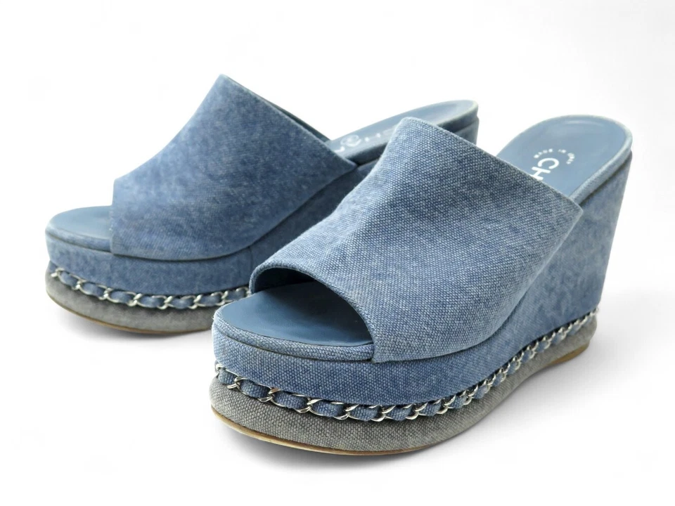 CHAUSSURES CHANEL SABOTS G29032 OPEN TOE EN DENIM CHAINE CC 36 MULES SHOES 1350€ - Photo 1/1