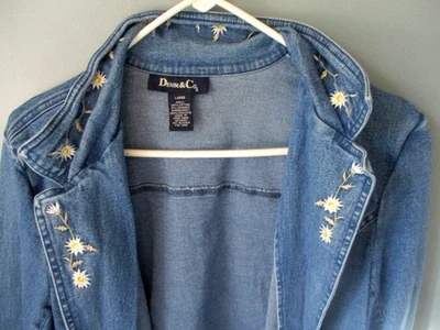Denim & Co Denim Jacket Women’s Large Stretch Blue Jean Denim and Floral Accents - Image 1 of 4