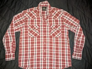 Lucky Brand Dungarees Western Shirt Mens L Red & Gray Plaid Diamond Pearl Snaps - Picture 1 of 12