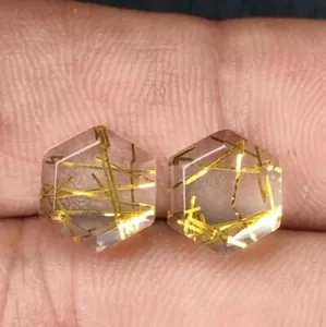 Golden Rutiled Quartz Hexagon Cabochon Pair Loose Gemstone 13 x 13 mm - Picture 1 of 7