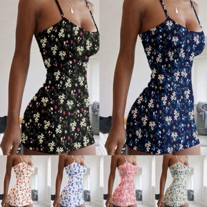Women Sexy Bodycon Mini Tank Dress Ladies Spaghetti Strap Party Clubwear Dresses - Picture 1 of 15