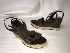 FREELANCE PARIS RAFFIA PLATFORM WEDGE SANDALS BROWN SOFT LEATHER ANKLE STRAP 39