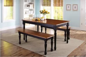 Dining Table Set 3 Piece Wood Bench Seat Bundle In Farmhouse Style Black And Oak - Picture 1 of 4