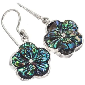925 Sterling Silver Flower Design Paua Abalone Peridot Sterling Earrings, 5/8" - Picture 1 of 4