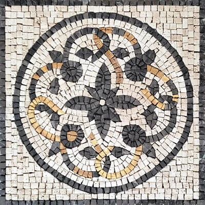 Handmade Black and Tan Circular Patterned Mosaic - Image 1 of 4