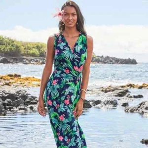 $158 TOMMY BAHAMA WOMENS CLARA FLORAL FAUX WRAP MAXI DRESS ISLAND NAVY M MEDIUM - Picture 1 of 13