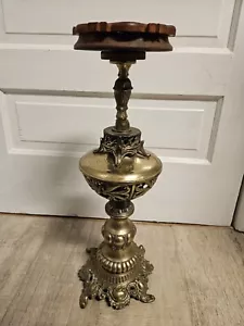 20.5" Vintage Gold Brass Lamp Stand with Carved Inlayed Wood Top - Picture 1 of 9
