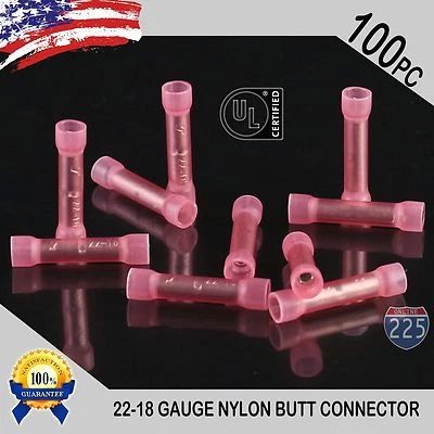 225FWY 100 Pack 22-18 Gauge Wire Butt Connectors Red Nylon 22-18 AWG Crimp Terminal PRO