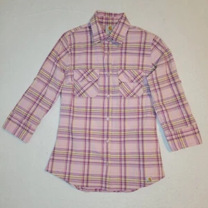 Carhartt Hemd Damen Medium Button Up 3/4 Roll Up Ärmel kariert pink gelb - Bild 1 von 9