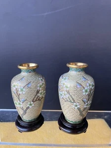 Pair Vintage Chinese Cloisonne Vases  Tan Cloisonne Cherry Blossom Vases 4” H. - Picture 1 of 11