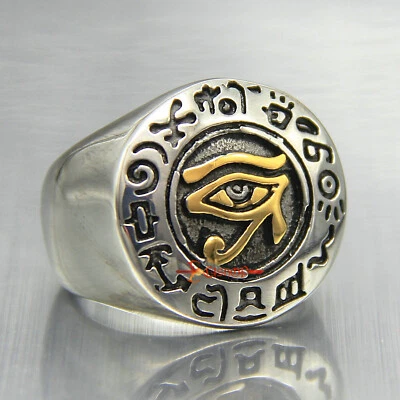 Mens 316L Stainless Steel Egyptian Eye of Horus Ra Ring Silver/Gold Udjat Wedjet - Image 1 of 4