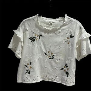 VINTAGE BOHO EYELET & EMBROIDERED WITH DAISIES 100% COTTON BLOUSE SIZE M - Picture 1 of 4