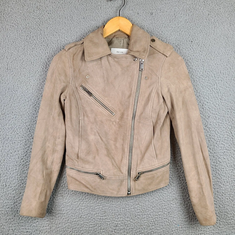 Reiss Womens Daye Goat Suede Biker Jacket Size 0 Neutral Beige  - Image 1 of 4