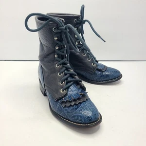 Laredo Boots Kiltie Lace Up Roper Gray Blue Leather Western Sz 6.5 Steampunk - Picture 1 of 8