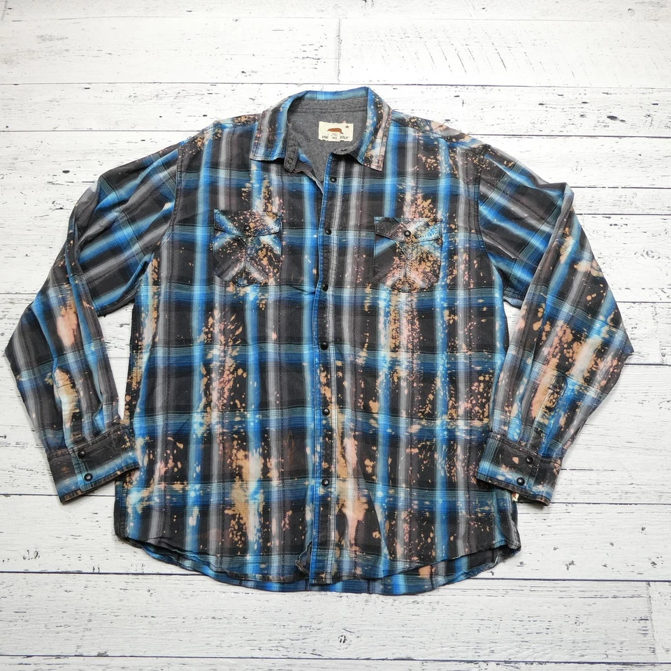Dakota Grizzly Shirt Mens 2XL Blue Black Plaid Bleach Lake Vibes Flannel Cotton - Image 1 of 4