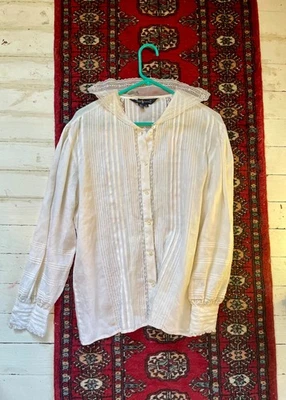 Blusa eduardiana vintage Ralph Lauren marfil lino encaje botón delantero L/S talla 12 Foto 1 de 4