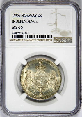 1906 NORWAY 2 KRONER INDEPENDENCE HAAKON VII ~ NGC GEM UNCIRCULATED MS65! - Image 1 of 4