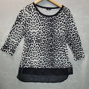 M&Co Blouse Women Size 10 Black White Animal Print 3/4 Sleeve Pettite Top - Picture 1 of 9