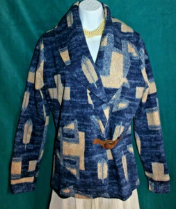 RALPH LAUREN Rare SW Tribal Print Buckle Close Jacket Blue Beige Cotton M Lined - Picture 1 of 5