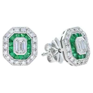 2Ct Emerald Cut Lab-Created Diamond Stud Women's Earrings 14K White Gold Finish - Picture 1 of 5