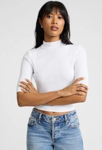 Express Stretch Ribbed Mock Neck Elbow Sleeve Tee Top Shirt White Womens Small S - Picture 1 of 7