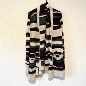 Hinge Wool Blend Green Black Maroon Cream Longline Open Front Cardigan Sweater S - Picture 1 of 16