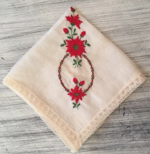 VTG NOS Treasure Masters Switzerland Red Floral Embroidered Handkerchief Hankie - Picture 1 of 7