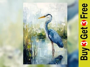 Great Blue Heron Print A3 on Matte Paper | Elegant Wetland Oil Painting Art - Picture 1 of 7