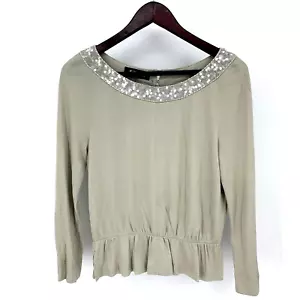 Top vintage Jean Muir London nudo paillettes perline taglia 8 beige rayon orlo balza L/S - Foto 1 di 10
