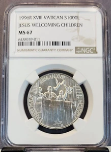1996 VATICAN SILVER 1000 LIRE JESUS WELCOMING CHILDREN NGC MS 67 NICE GEM BU - Picture 1 of 3