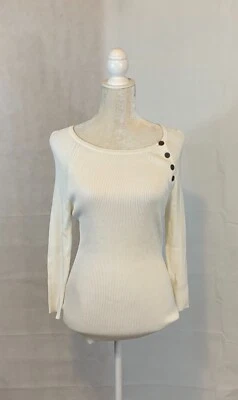 Evie Size Large Cream Long Sleeve Women Pullover Crew Neck Sweater Front Buttons - Image 1 of 4