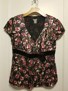 Ann Taylor Floral Wrap Top, Black/Pink Print, 100% Silk, Size 8, Pre-owned - Picture 1 of 9